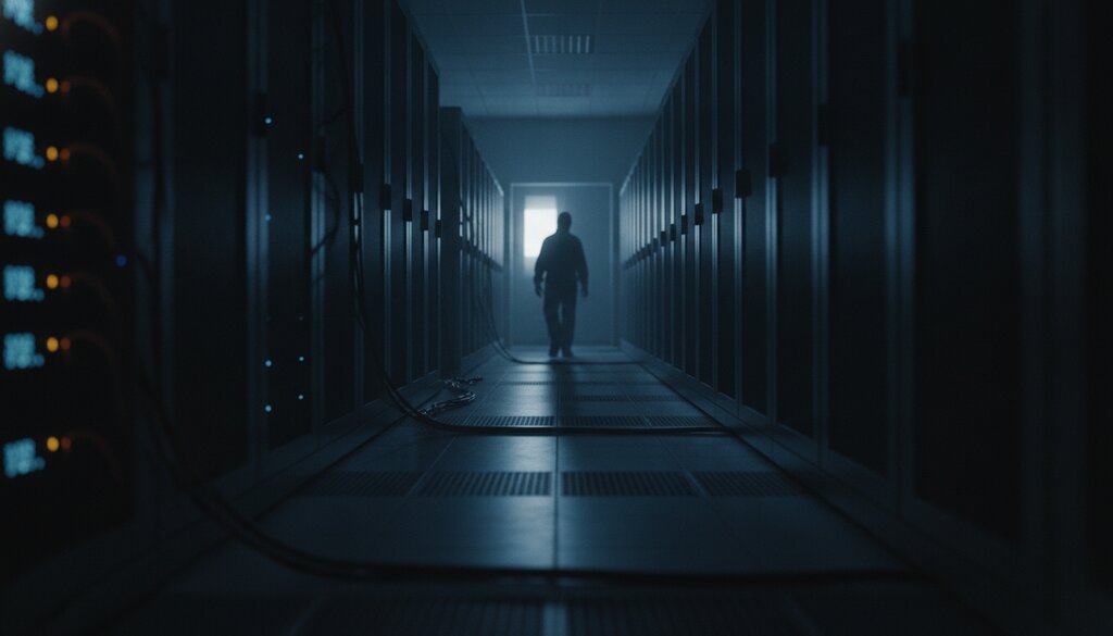 Technicus loopt door een donker serverpad met rijen racks