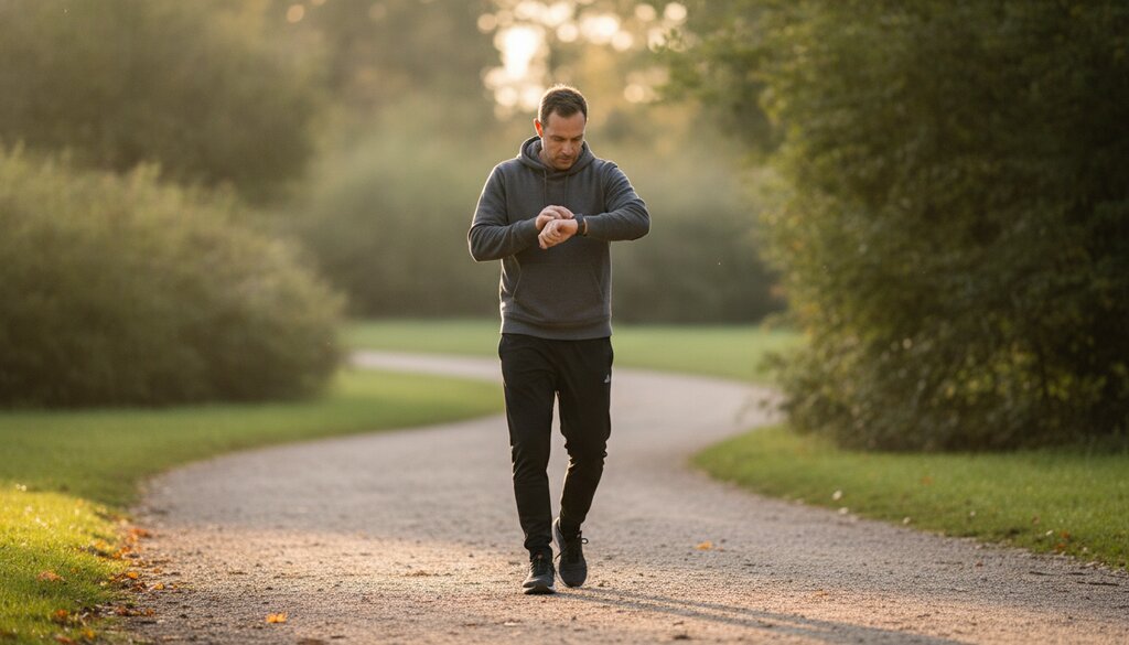 Man kijkt tijdens een avondwandeling in het park op zijn smartwatch
