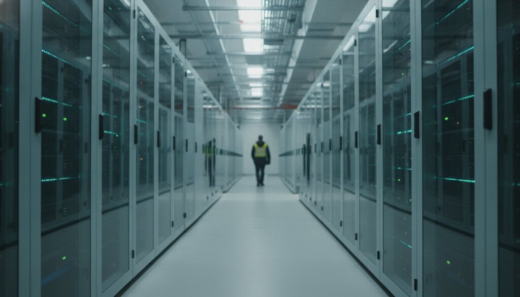 Gang met serverracks in een datacenter met blauwgroen licht