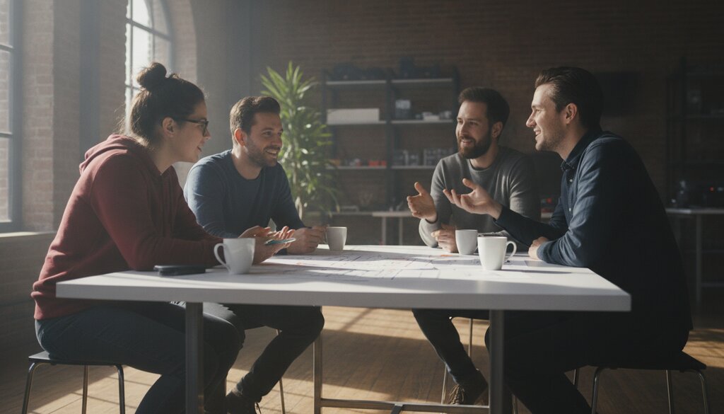 Team van ontwikkelaars overlegt aan een tafel met koffie in een zonnige loft