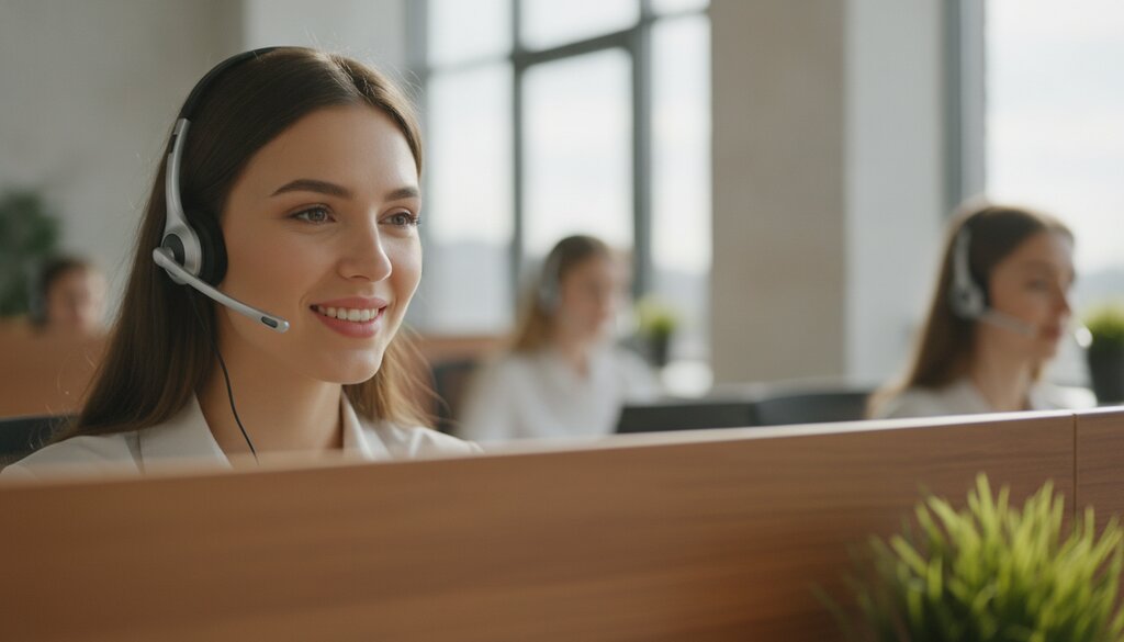 Klantenservicemedewerker met headset in een zonnig callcenter