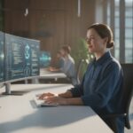 Beveiligingsanalist bekijkt datastromen van AI-agents op meerdere schermen