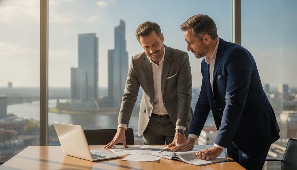 Twee investeerders bespreken documenten in een vergaderzaal met uitzicht op de stad