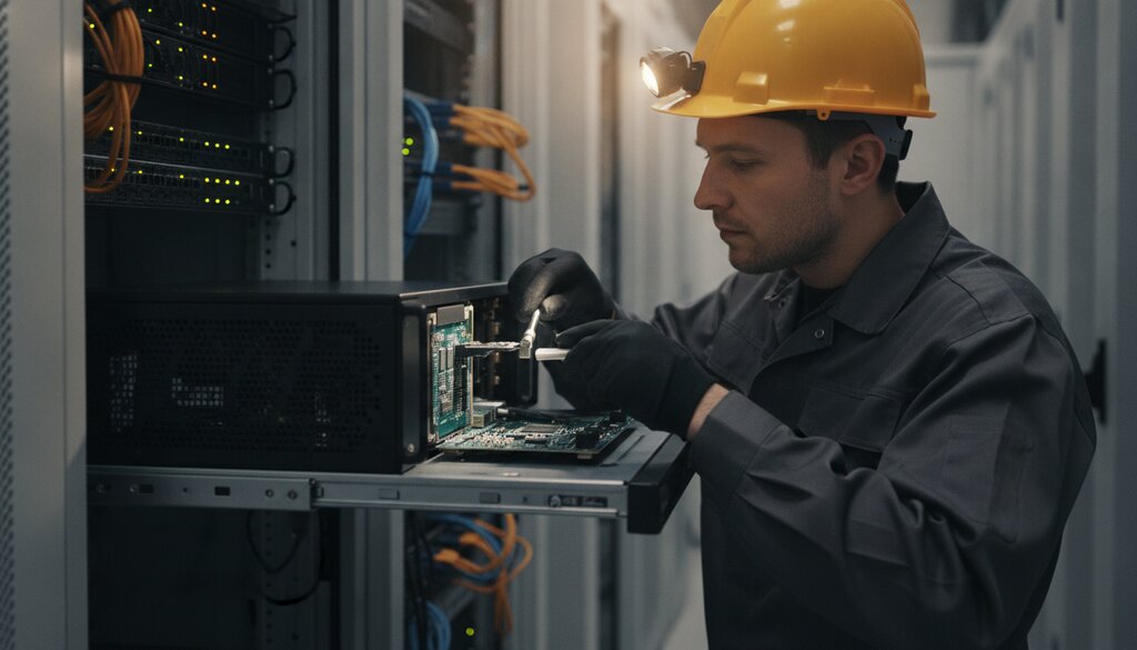 Engineer werkt aan een GPU-server in een datacenter