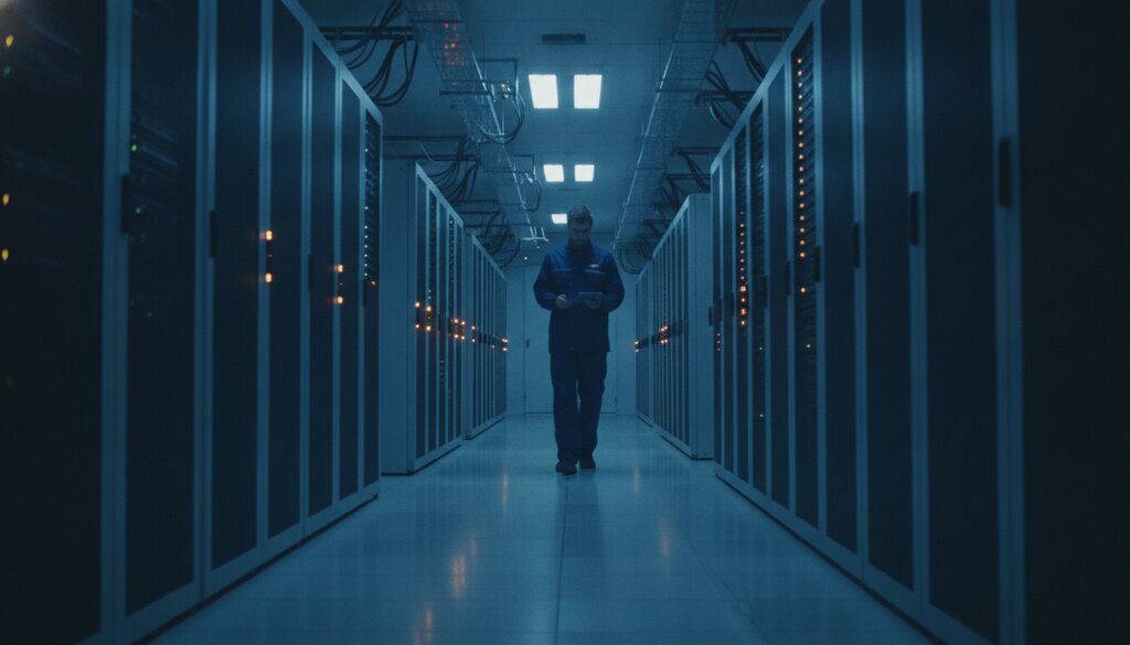 Technicus loopt tussen verlichte serverracks in een datacenter