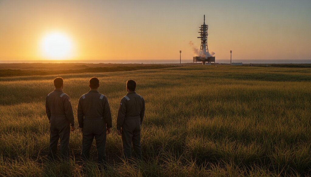 Drie technici kijken bij zonsopkomst naar een lanceerplatform aan de kust