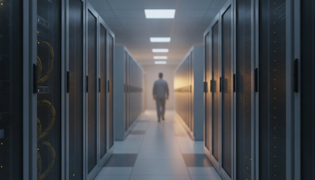 Technicus loopt tussen serverkasten in een rustig datacenter