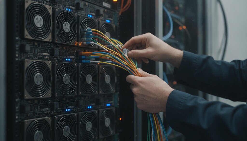 Techniekhanden sluiten glasvezelkabels aan op een stapel GPU-servers