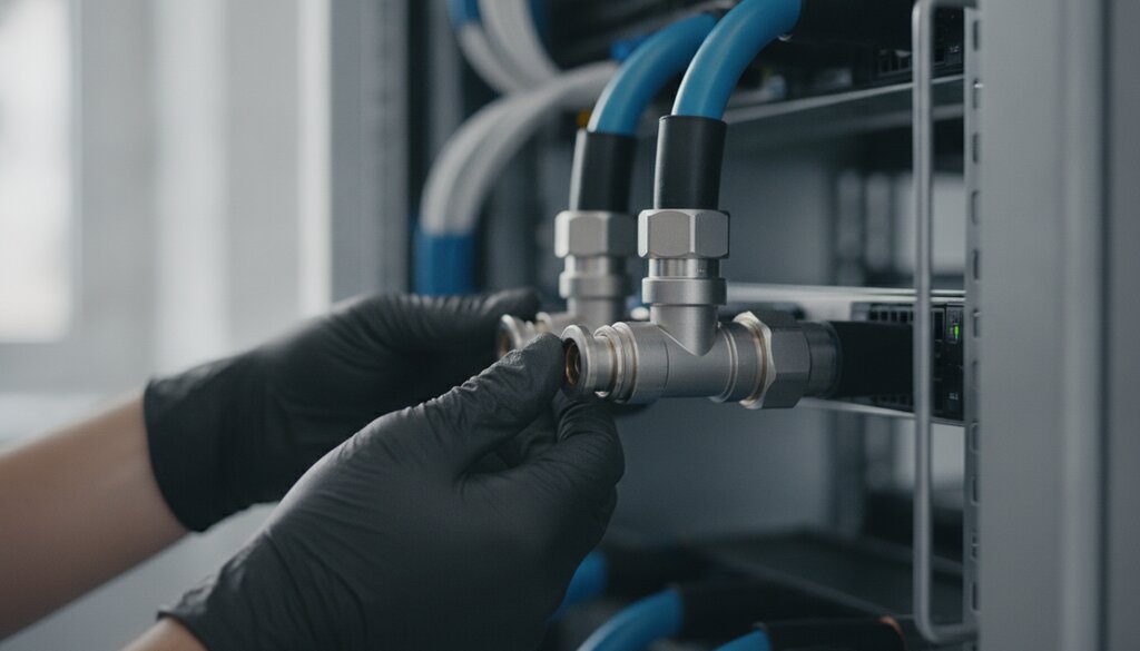 Technicus controleert koppelingen van vloeistofkoeling aan een serverrack