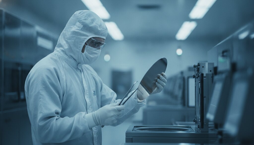 Medewerker in cleanroompak inspecteert een siliciumwafer in een halfgeleiderfabriek