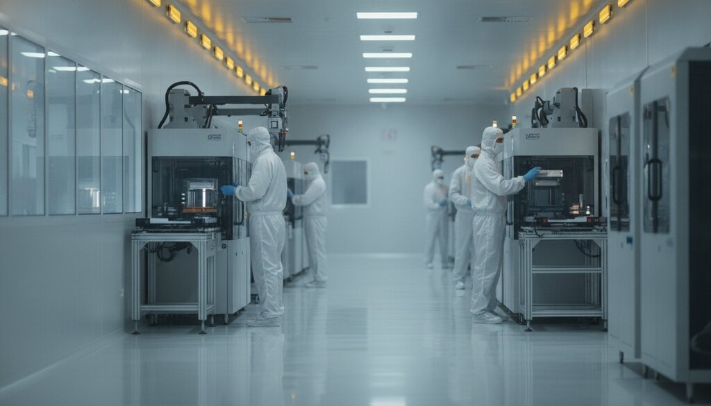 Technici in cleanroompakken bedienen machines in een chipfabriek