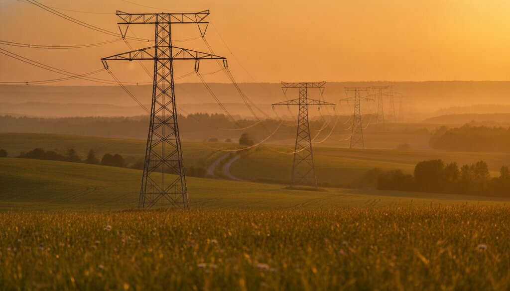 Hoogspanningsmasten en stroomkabels boven het platteland bij avondlicht