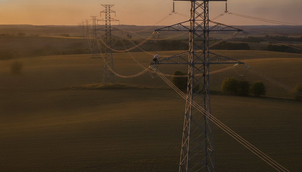 Hoogspanningsmasten en stroomkabels boven landelijk gebied bij zonsondergang