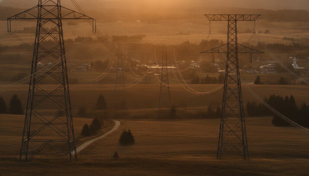 Hoogspanningsmasten en stroomkabels boven een landelijk gebied bij zonsondergang