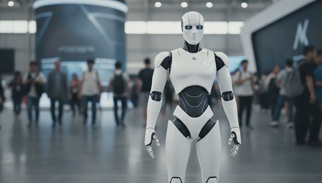 Humanoide robot op de beursvloer met bezoekers op de achtergrond
