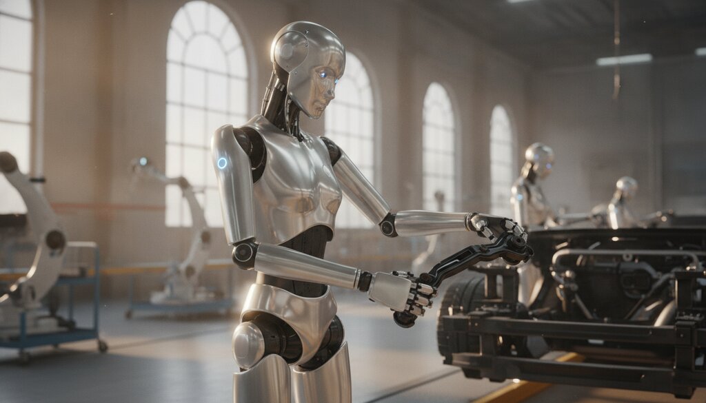 Humanoïde robot monteert onderdelen aan een autochassis in een fabriekshal