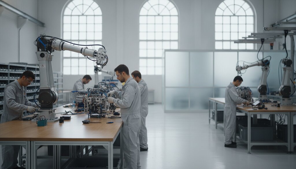 Technici bouwen robotonderdelen in een moderne assemblagehal