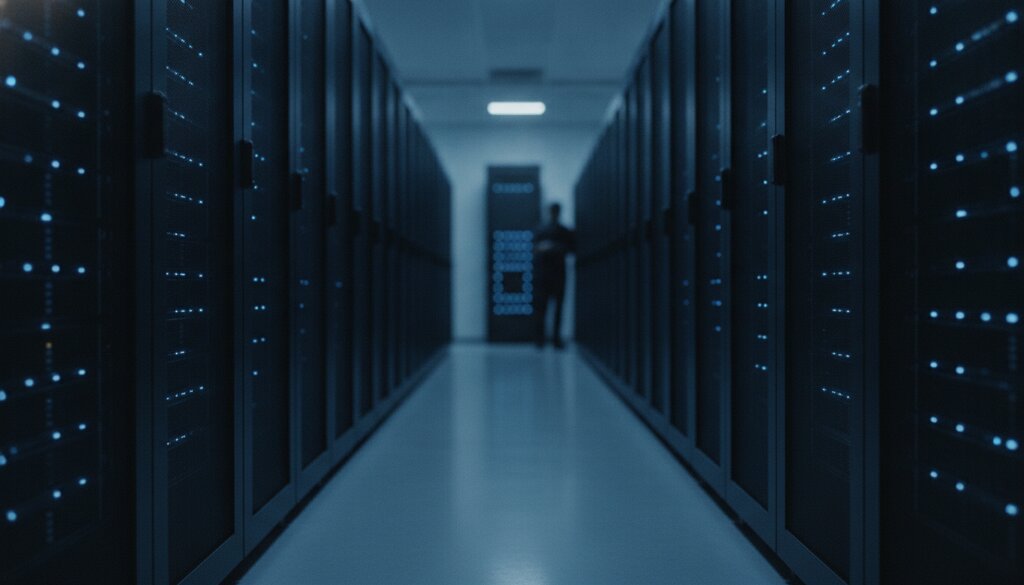 Serverrijen in een datacenter met blauwe indicatorlampjes voor AI-inferentie
