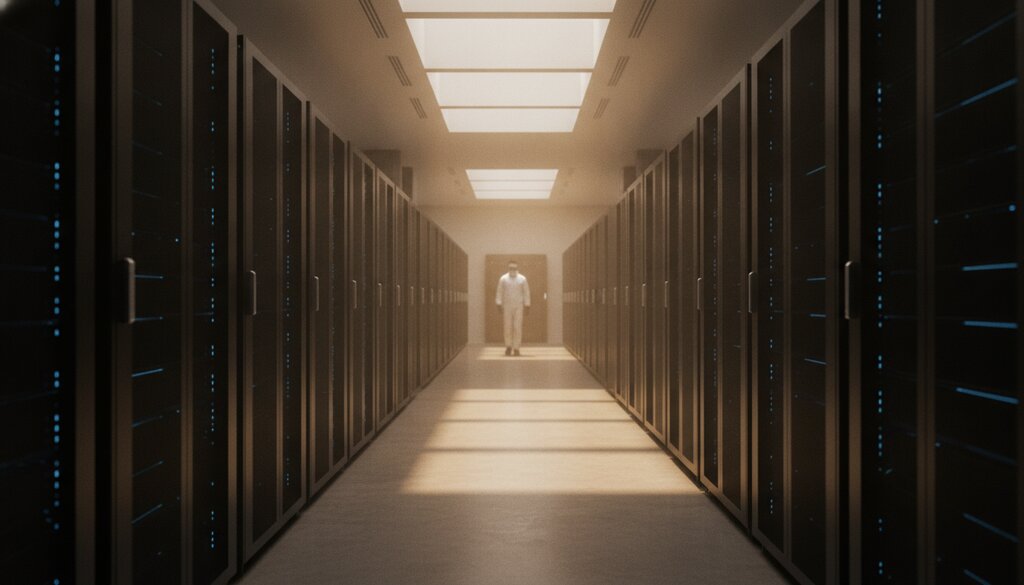 Gangpad tussen serverracks in een datacenter met daglicht van boven