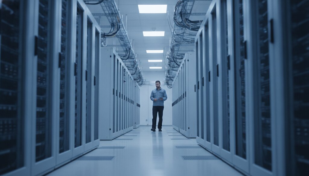 Technicus loopt langs serverracks in een datacenter