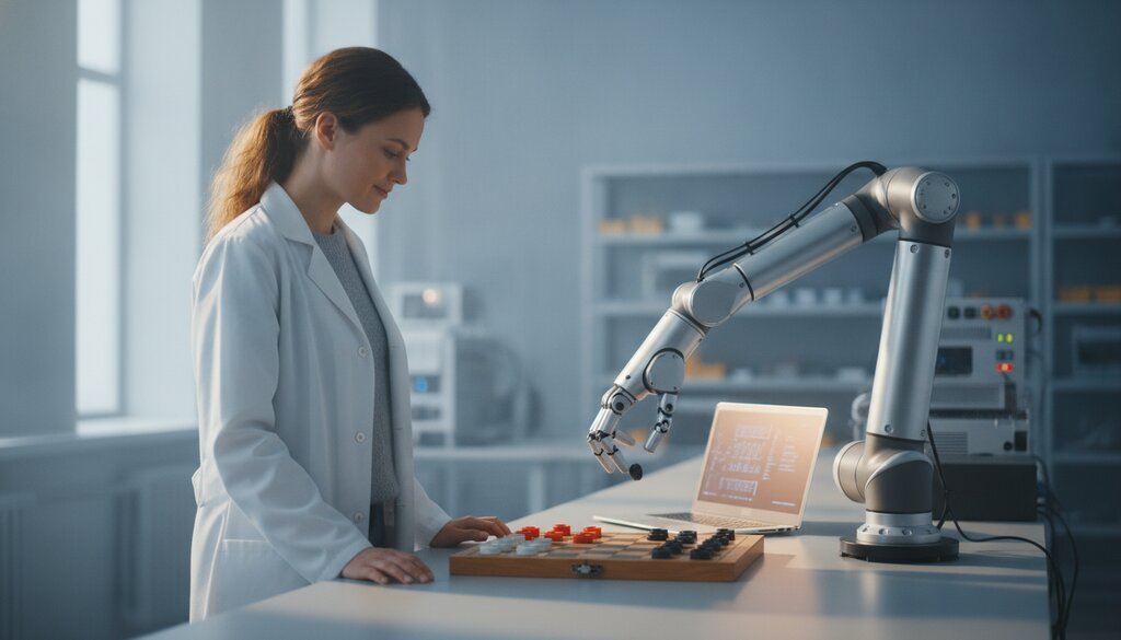 Onderzoeker kijkt hoe een robotarm boven een damspel hangt in een lichte onderzoeksruimte