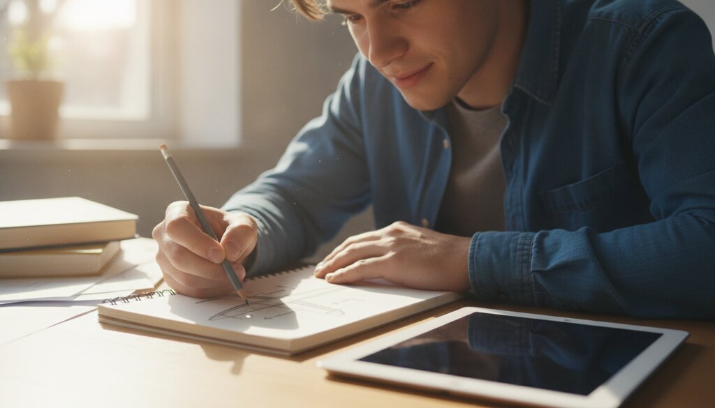 Student tekent een vliegtuigvleugel in een schrift naast een tablet