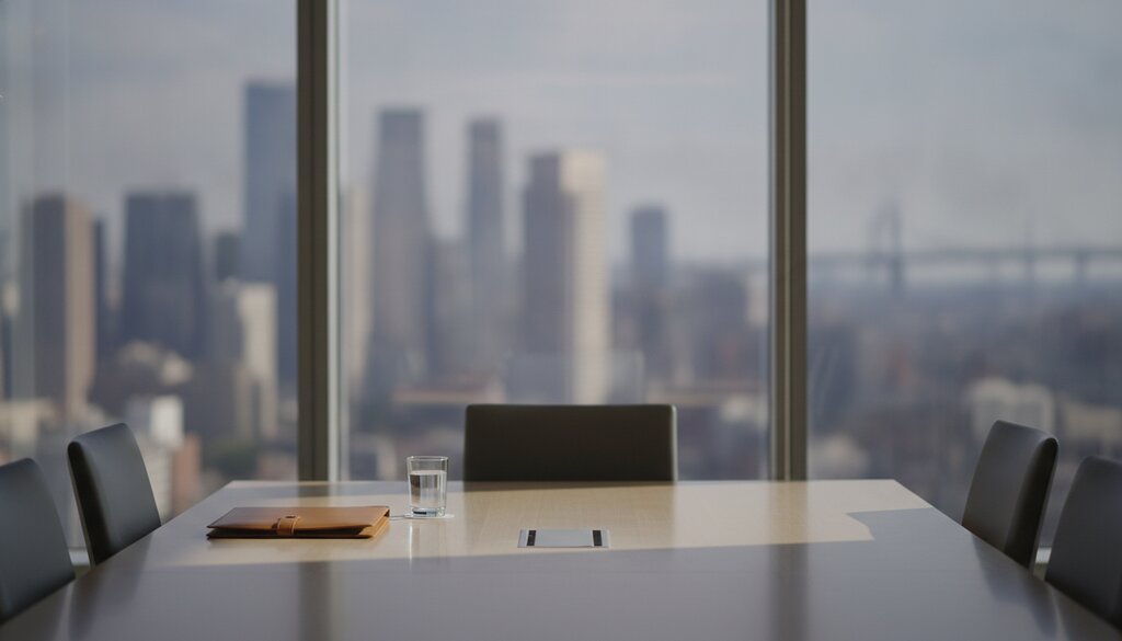 Lege vergaderkamer met glazen wanden en een gesloten map op tafel