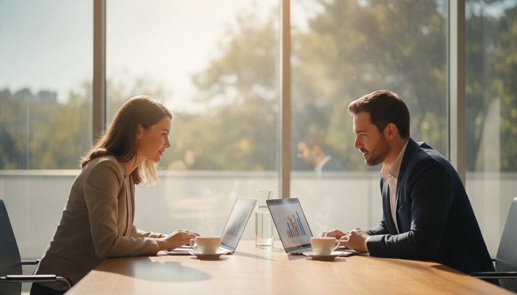 Twee IT-managers bespreken plannen aan een vergadertafel met laptops