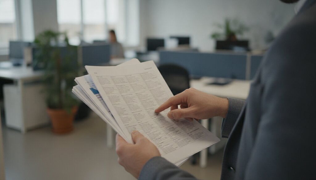 Collega leest afgedrukte teksten aan een gedeelde kantoortafel
