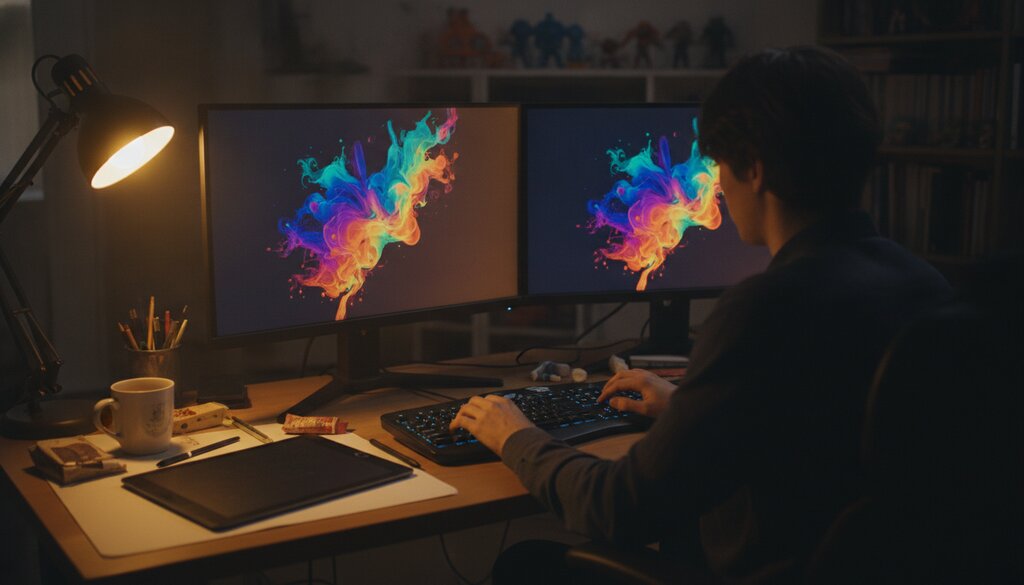 Animator werkt achter twee schermen met bewegende beelden in een donkere werkruimte