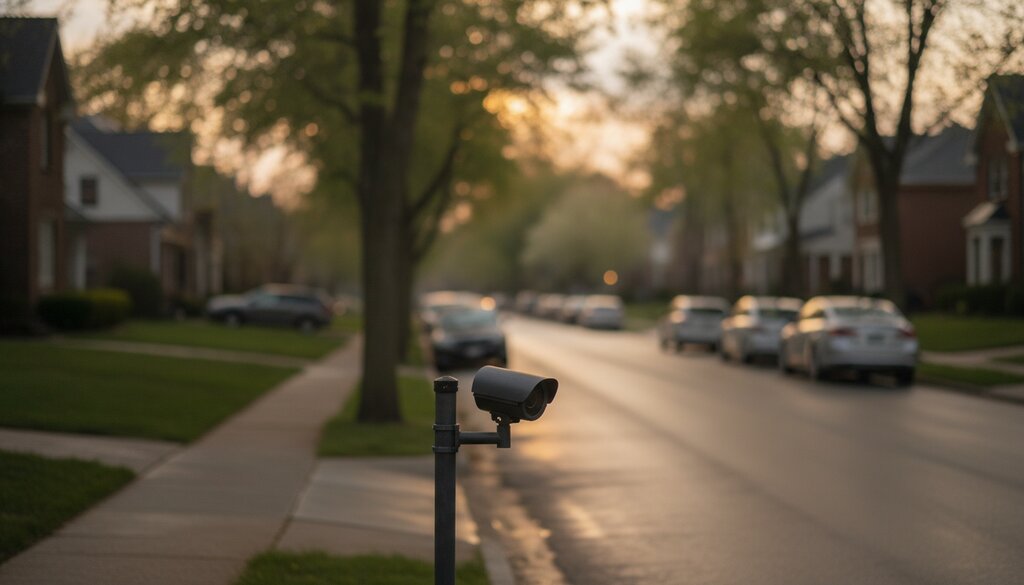 Verkeerscamera op een paal in een rustige woonstraat bij schemering