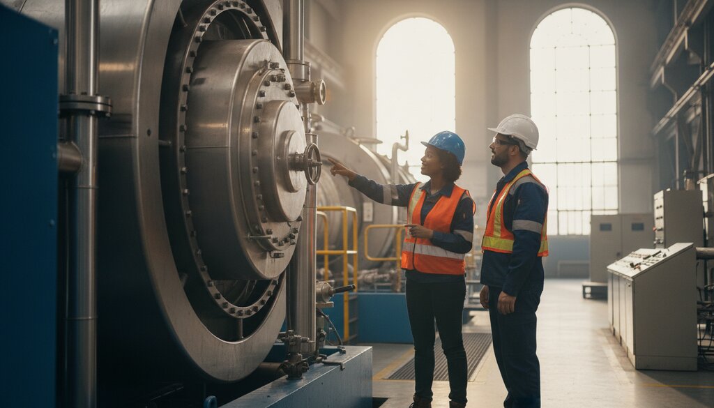 Twee technici inspecteren een stoomturbine in een energiecentrale