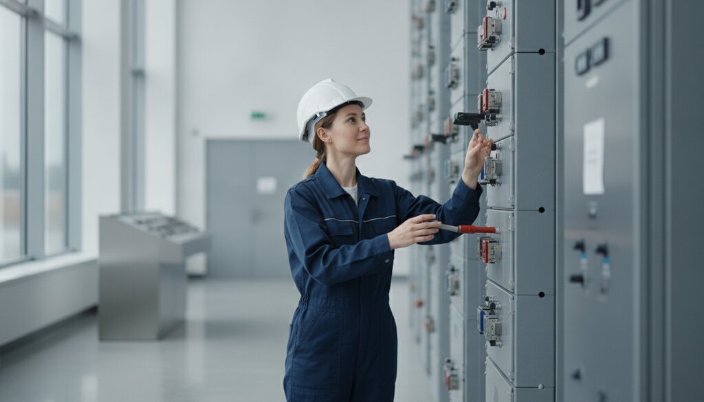 Technicus met helm inspecteert schakelapparatuur in een elektriciteitscentrale