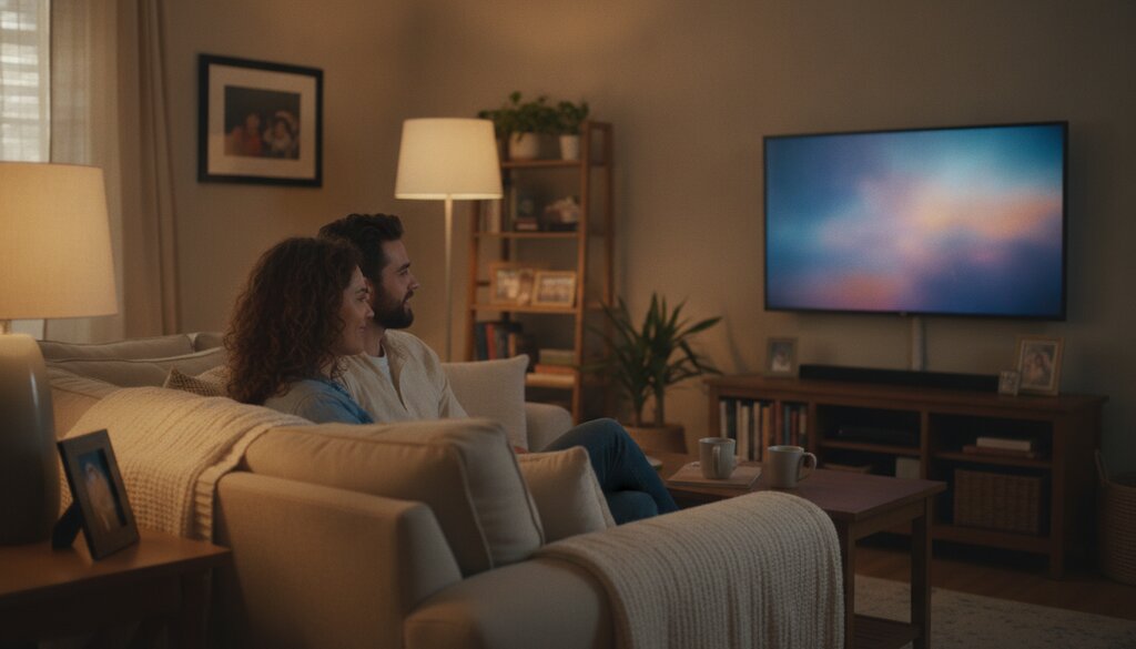 Stel kijkt 's avonds televisie in de woonkamer tijdens de verkiezingscampagne