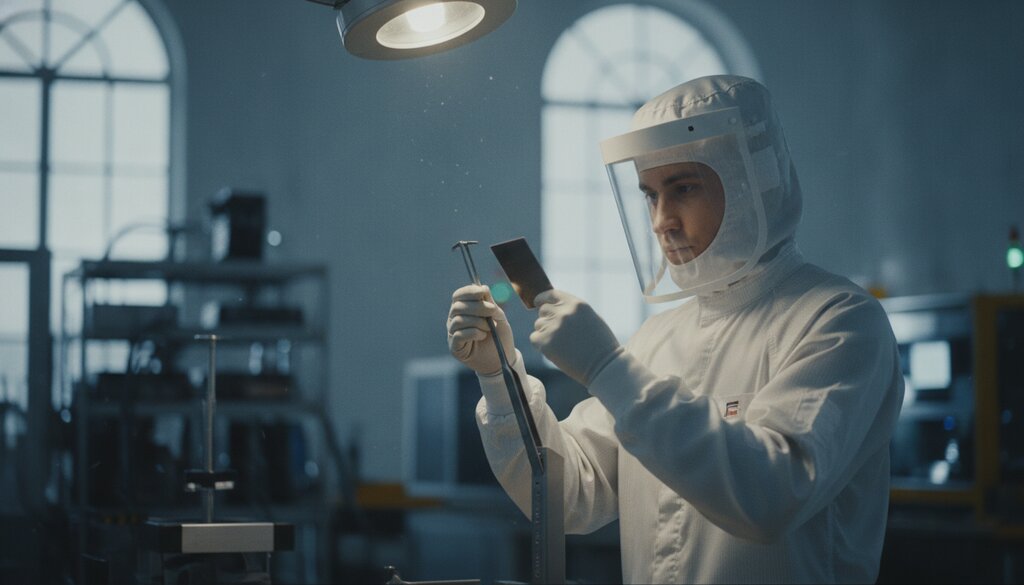 Technicus in cleanroompak inspecteert een siliciumwafer in een chipfabriek