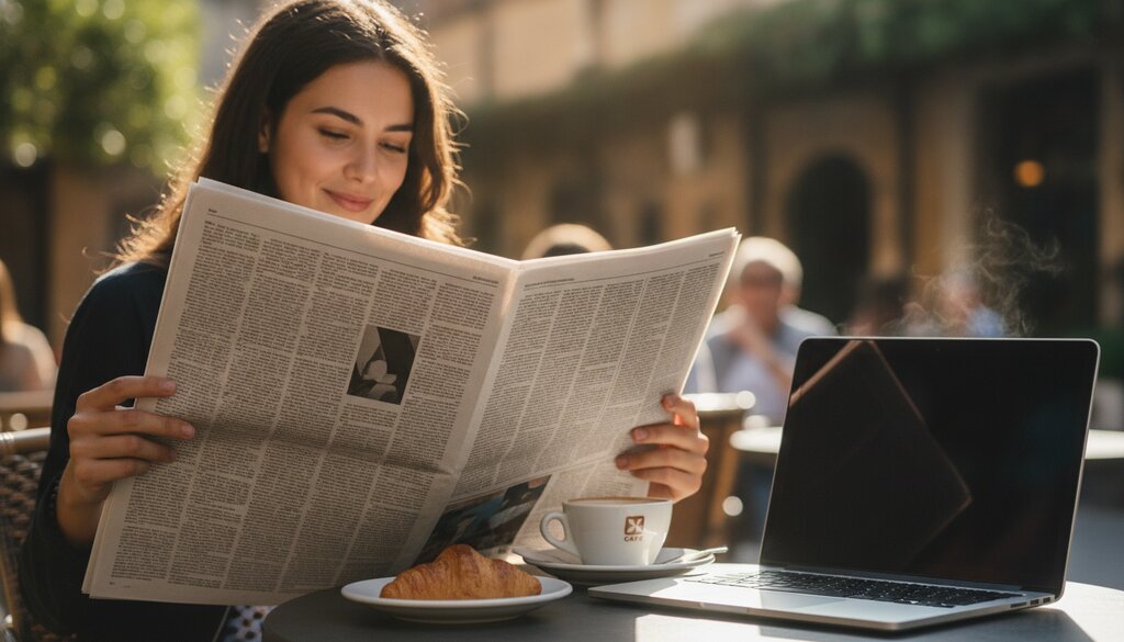 Lezer met een papieren krant en laptop aan een cafétafel