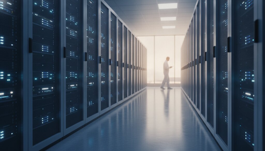 Technicus loopt door een gang met serverkasten in een datacenter