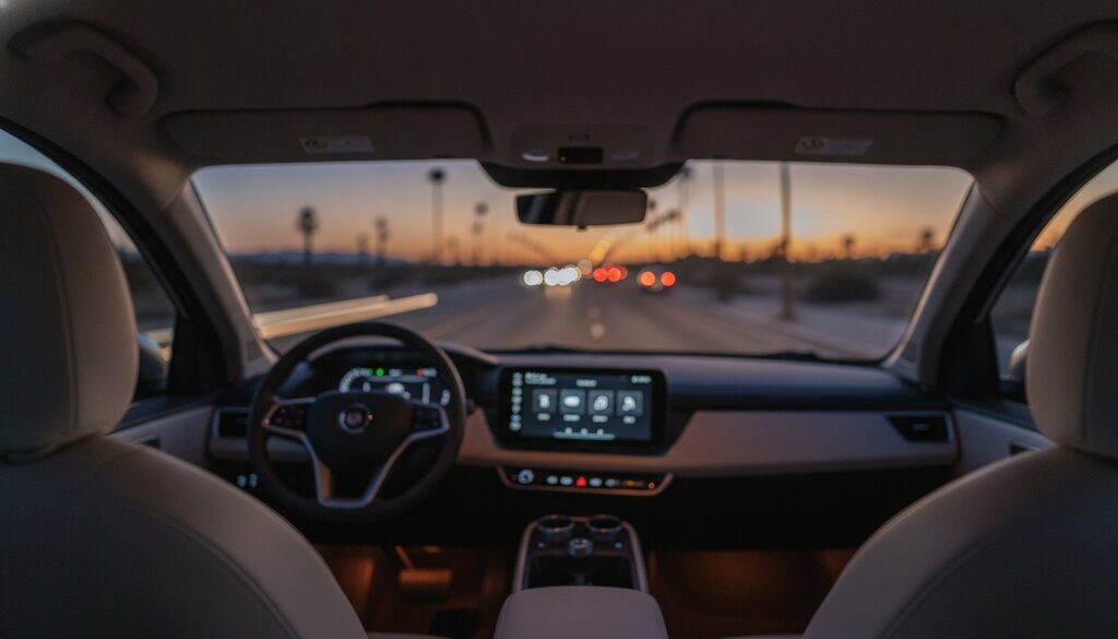 Blik vanuit een autonome auto met lege bestuurdersstoel op een boulevard bij schemering