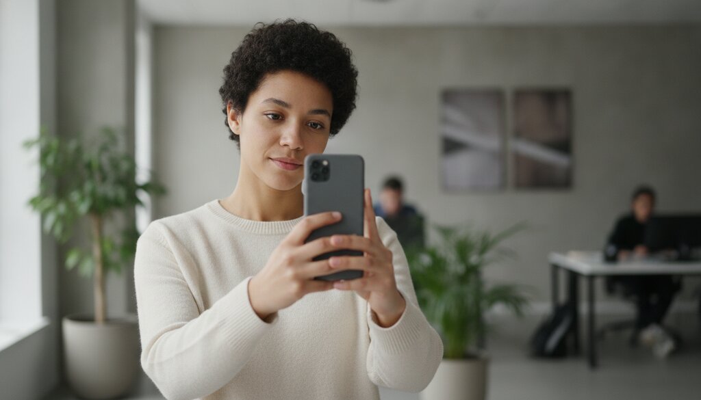 Persoon houdt smartphone op ooghoogte voor een verificatieselfie op kantoor