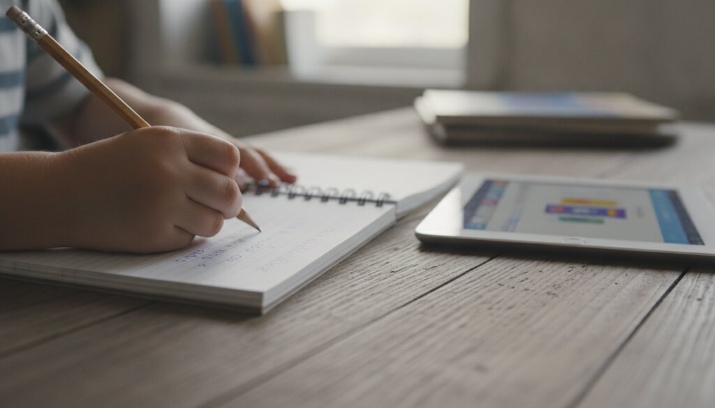 Kinderhanden schrijven in een schrift naast een tablet op een schoolbank
