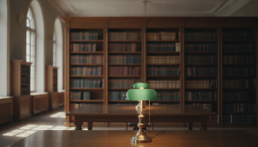 Stille bibliotheek met boekenkasten en een leeslamp boven een lege tafel