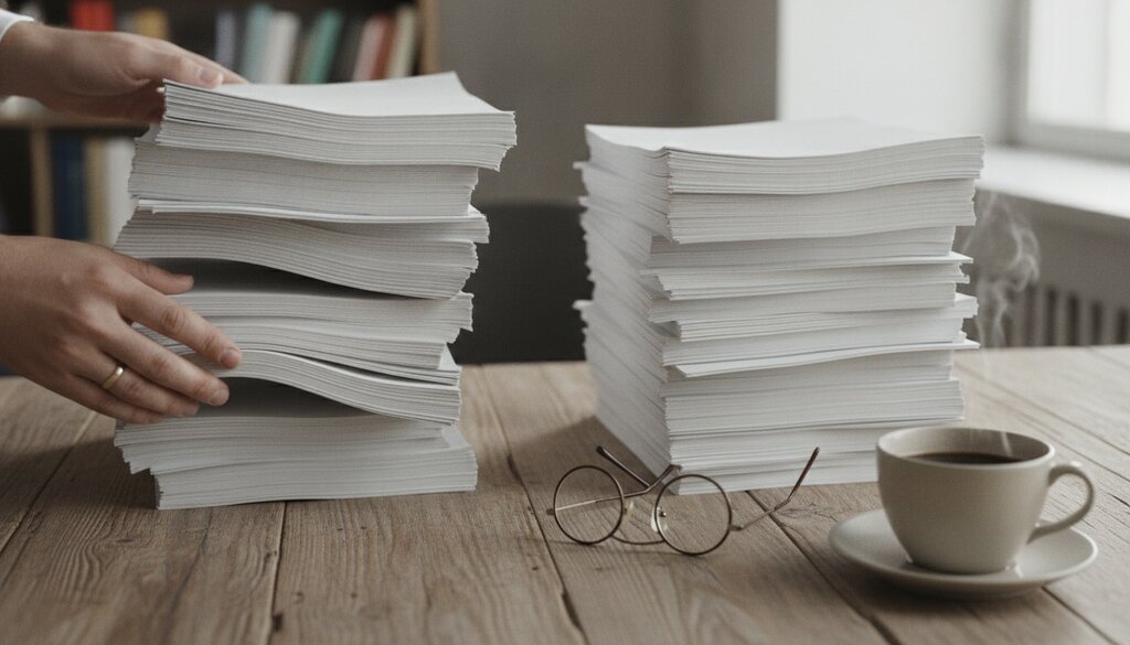 Onderzoeker sorteert stapels ongemarkeerde manuscripten op een houten tafel