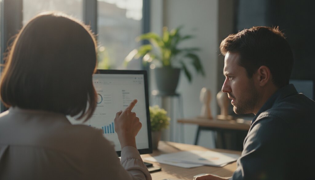 Twee collega-ontwikkelaars bekijken samen code op een monitor in een kantoor
