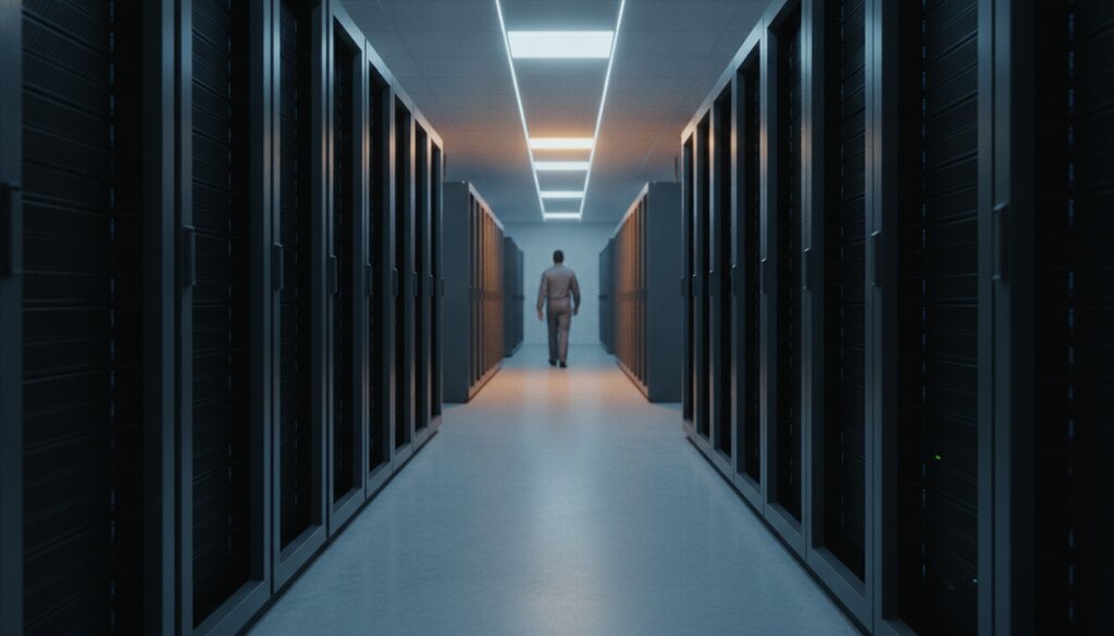 Gang tussen serverracks in een datacenter met een technicus in de verte