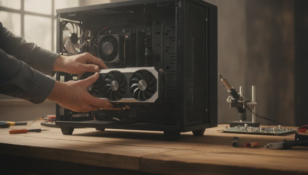 Handen installeren een grote grafische kaart in een open desktopcomputer