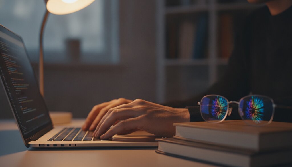 Handen van een ontwikkelaar op een laptoptoetsenbord in een thuiskantoor bij lamplicht