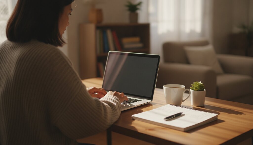 Persoon achter een laptop met agenda en koffie op het bureau