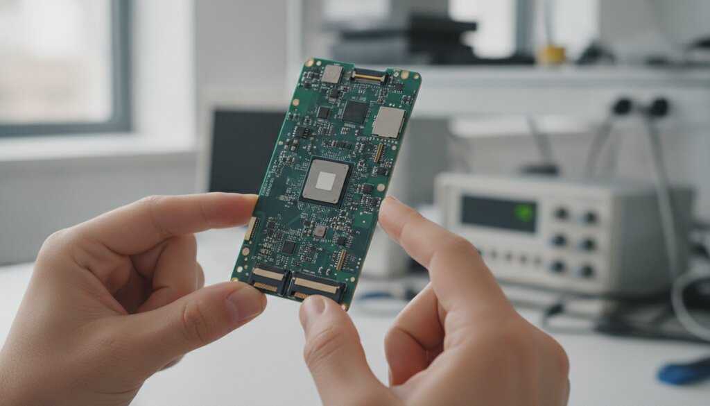 Handen houden een printplaat van een smartphone met processorchip vast in een elektronicalab