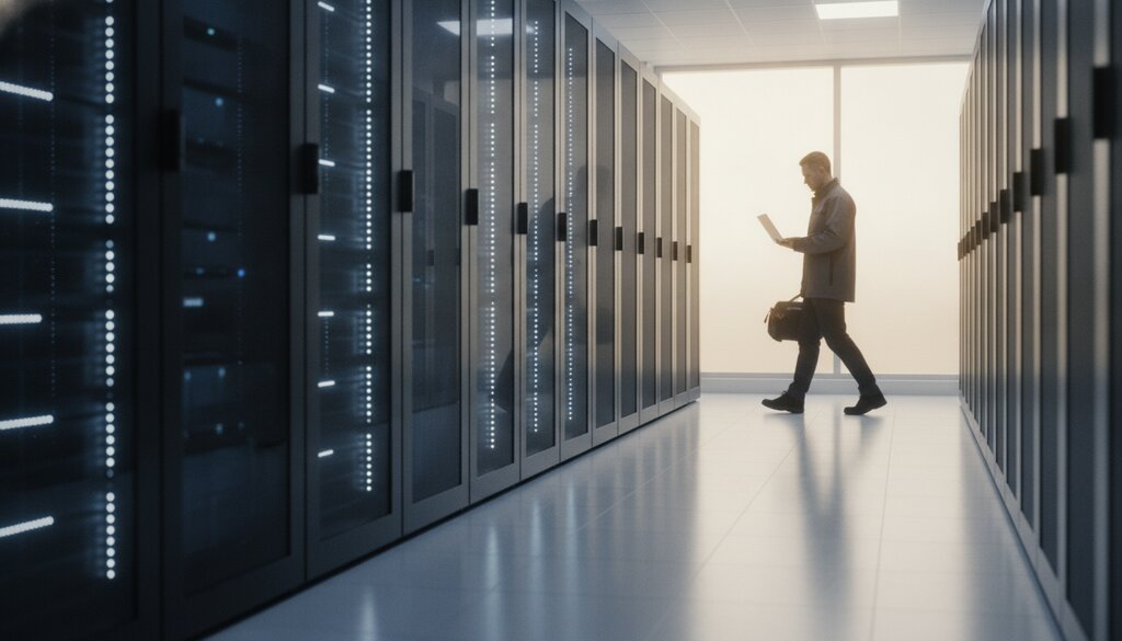 Technicus met laptop loopt door een gang met serverkasten in een datacenter