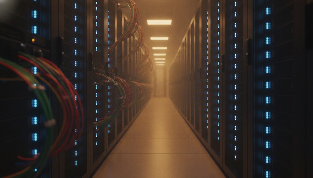 Serverrekken in een datacenter met glasvezelkabels op de voorgrond